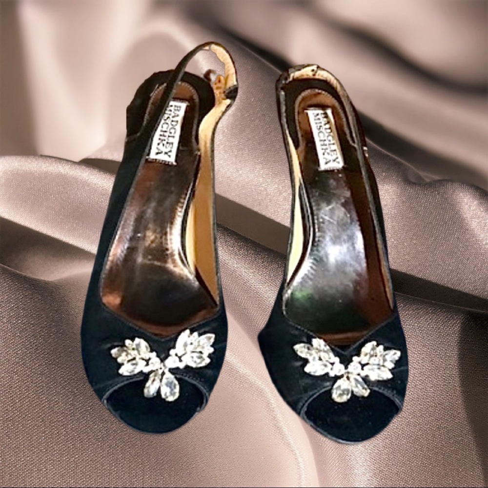 Badgley Mischka Black Satin Peep Toes w/Rhinestone